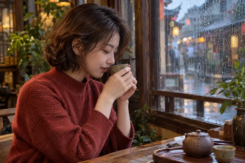雨天窗边，年轻女性用陶杯闻香，室内光线柔和