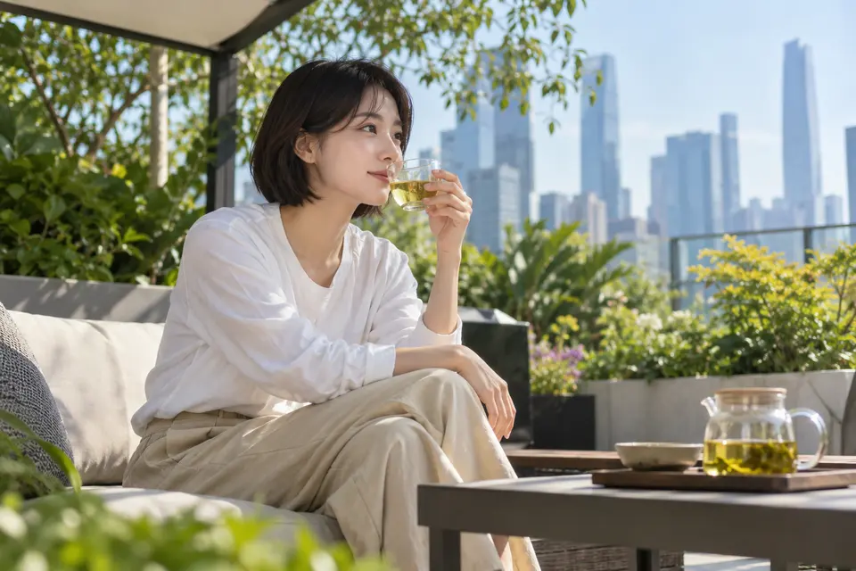 城市花园中，年轻女性手持玻璃杯冷泡茶，绿植环绕