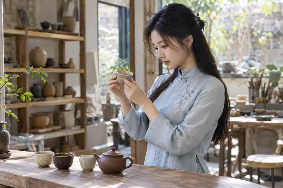 陶艺空间里，年轻女性挑选并端详一只陶杯