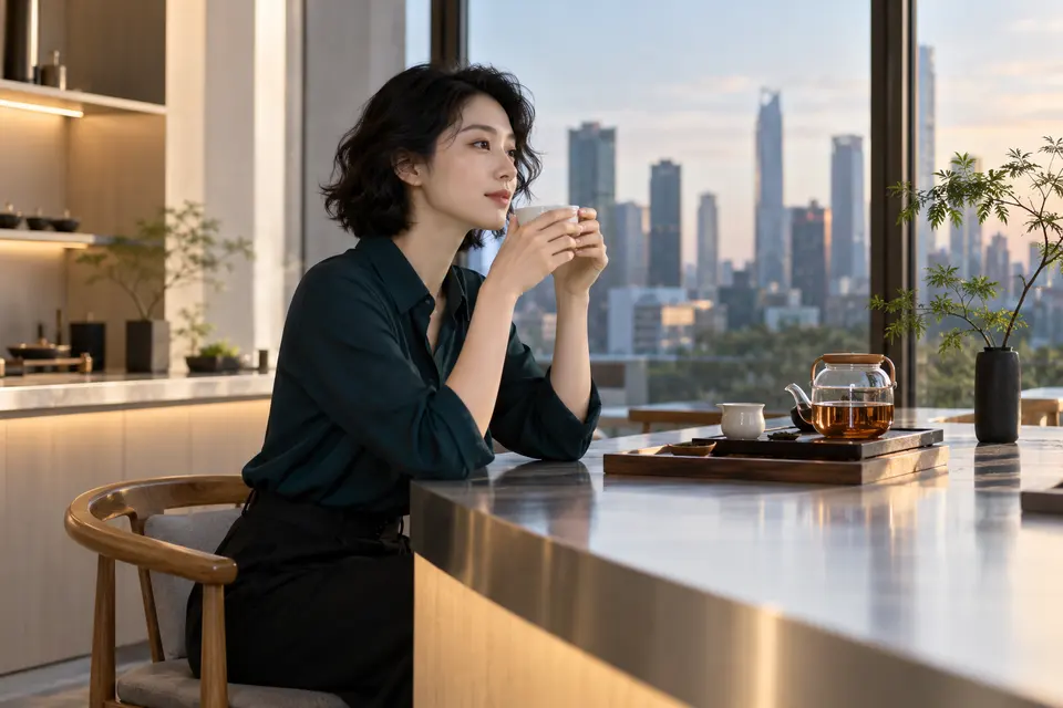 现代设计茶吧内，年轻女性在白瓷茶具前准备冲泡