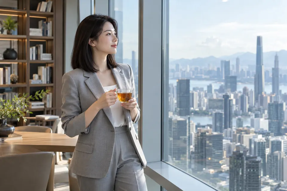 都市高层窗边，一位年轻女性手持玻璃茶杯阅读，午后光线落在茶席上