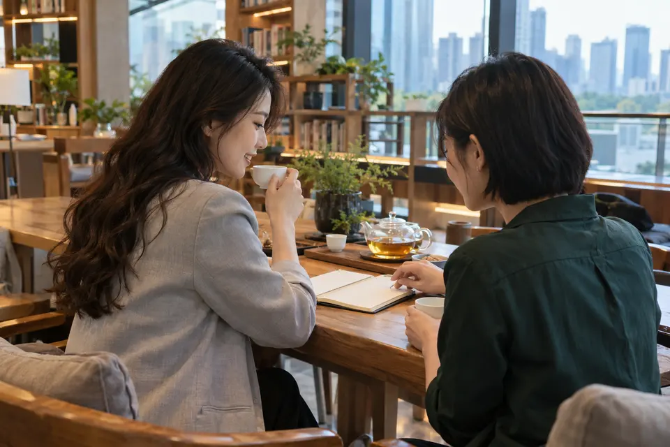 共享书房内，年轻女性边品茶边阅读并做记录